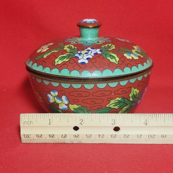 Vintage Cloisonné Brass Bowl With Lid Covered Red Dish - Picture 10 of 10